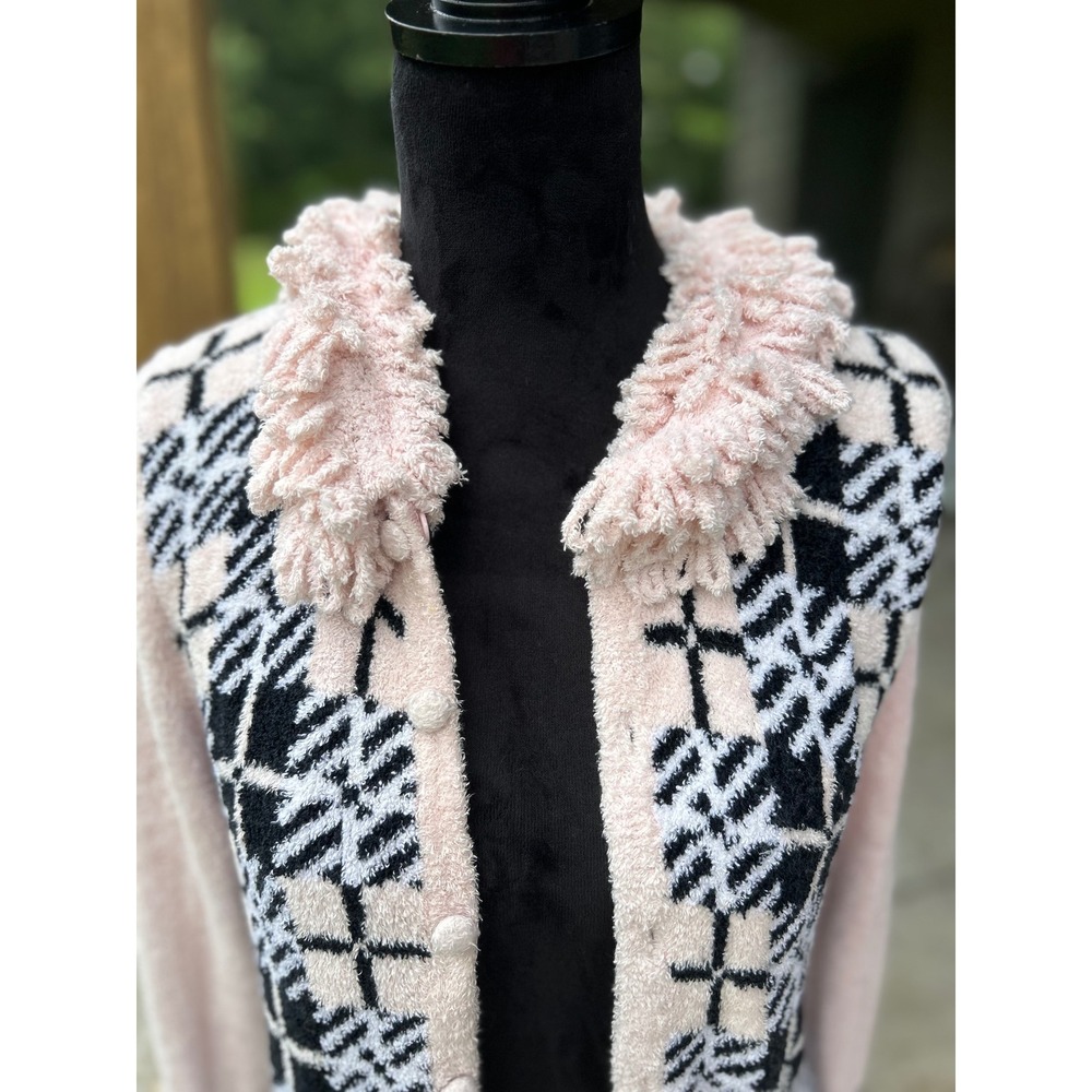 Berek Cardigan Sweater Womens Medium Pink Button Up Eyelash Knit Plaid Checked